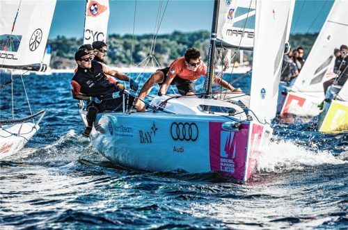 Das CYC-Team (von vorne nach hinten: Sebastian Landinger, Nikolaus Resch, Florian Lautenschlager, Leopold Fricke) in Travemünde auf Downwindkurs.Foto Wehrmann