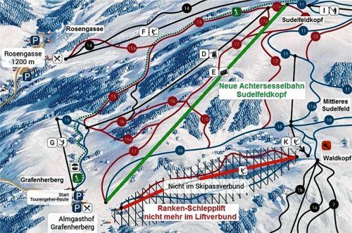 Der neue Pistenplan ist im Internet bereits verfügbar: Der Rankenlift (rot) ist ab sofort „nicht im Skipassverbund“. Ebenfalls zu sehen ist die neue Achtersesselbahn am Sudelfeldkopf (grün).Sudelfeld/Aerzbäck
