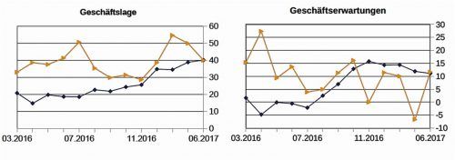 Die aktuelle Geschäftslage wird von Rosenheimer Unternehmen – entgegen dem deutschlandweiten ifo-Trend (blaue Kurve) – schlechter eingeschätzt als im Vormonat. Die Erwartungen sind jedoch deutlich positiver als noch im Monat zuvor. GRAFIK: HOCHSCHULE