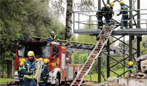 Die Bergung Verletzter mithilfe von Steckleitern demonstriert hier die THW-Jugend.