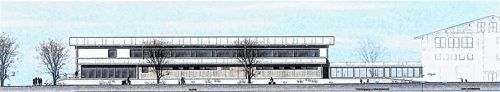 Ebenerdig – wie etwa auf der Nord-Ost-Ansicht zu sehen ist – baut die Marktgemeinde Grassau die neue Turnhalle.  Markt Grassau