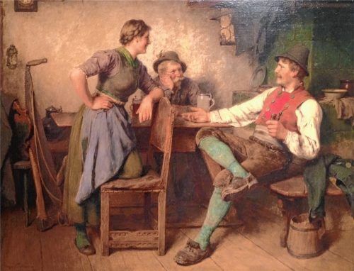 „Mädel am Stuhl lehnend, zwei Burschen am Tisch“ von Hugo Kauffmann, Öl/Holz, 37 mal 46 Zentimeter, 1911.  mayer