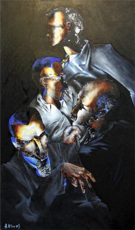 „Broker“ von Herbert Klee, Öl/Holzschnitt auf Leinwand, 2009. Fotos  Fischer