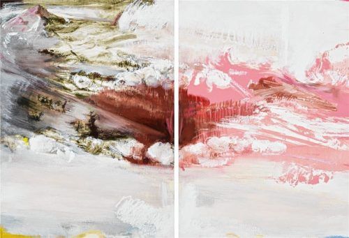 „Elbwiese, labská louká, Schlund“ von Yvette Kießling, mehrfarbige Tuschelithografie, aufkaschiert auf Aludibond, Ölfarbe, 120 Zentimeter mal 80 Zentimeter, 2017.  hesse