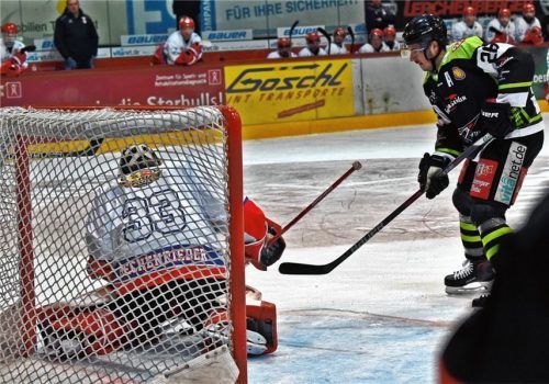Gleich schiebt Daniel Bucheli die Scheibe zum 1:0 für die Starbulls über die Linie. Die Proteste der Peitinger waren unberechtigt, denn der Puck lag ganz klar frei zwischen den Schonern von Peitings Keeper Florian Hechenrieder. Fotos  Ziegler