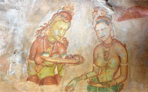 Gehören zum UNESCO-Weltkulturerbe: Die 1600 Jahre alten Fresken der „Wolkenmädchen“ am Löwenfelsen von Sigiriya/Sri Lanka. Foto Barberyn Ayurveda Resorts