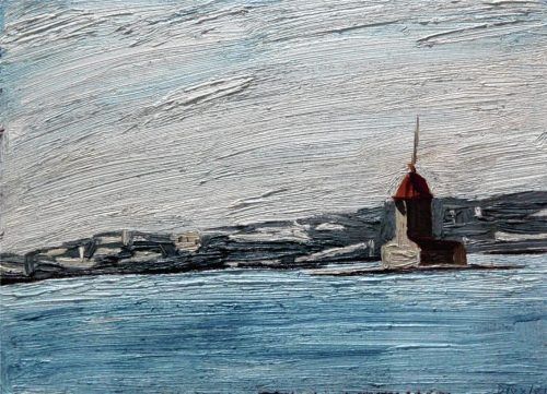 Christoph Drexler: „Turm im Fluss“, 2012, Öl auf Karton. Foto Fischer