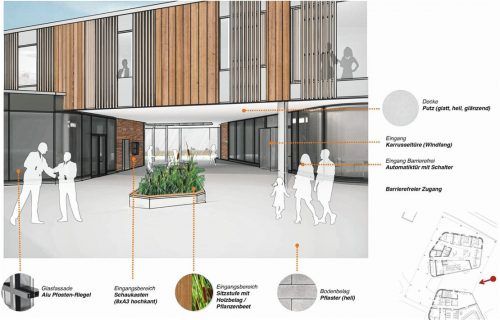 Der Eingang zum neuen Rathaus mit bepflanzter Sitzmöglichkeit.  Behnisch Architekten