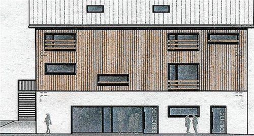 Der erste Entwurf für ein Gemeinschaftsgebäude östlich der Turnhalle für Gemeindebücherei, Schülermittagsbetreuung und öffentlichen Toiletten.REPRO: THÜMMLER