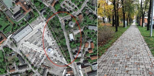 Der Grünstreifen zwischen Loretowiese und Ebersberger- beziehungsweise Kaiserstraße (roter Kreis): Hier soll ein Unbekannter ein 17-jähriges Mädchen vom Gehweg (rechtes Bild) ins Gebüsch gezogen haben. GRAFIK/FOTO ROSENHEIM24.de