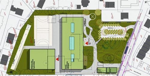 Die vorgelegte Planung für einen Neubau der St. Georg-Schule sähe der Stadtrat gerne geändert. Das Gebäude soll nach Norden (links) gerückt und somit auch die Turnhalle an anderer Stelle auf dem Areal errichtet werden. Geprüft wird auch, ob der Standort der Fahrradunterstellhalle samt darüberliegender Hausmeisterwohnung (rechts unten) mit dem Parkplatz (rechts oben) getauscht werden kann.  Obel-Architekten