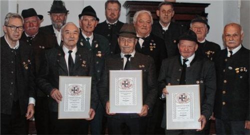 Ehrenvorsitzender Balthasar Schweiger (links) und Vorsitzender Heinrich Rehberg (rechts) mit den drei neuen Ehrenmitgliedern (vorne von links) Josef Ramsl, Peter Loferer und Stefan Freund sowie den neuen Trägern des Verdienstabzeichens (hinten von links) Robert Gmeiner, Ludwig Klarl, Michael Schlosser, Stefan Kronast, Georg Kronast, Josef Irob und Josef Freund. Foto reh