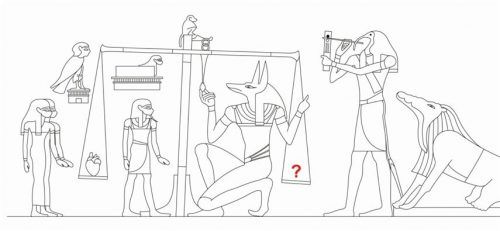 Eine Darstellung des Totengerichts: Anubis bedient die Waage, der ibisköpfige Schreibergott Thot notiert das Ergebnis. Rechts lauert Ammut – bereit, das Herz zu verschlingen. Foto Aigner-Böttcher Design