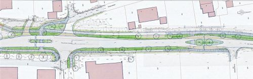 Eine Planskizze zur Neugestaltung der B305 am nördlichen Ortseingang mit neuer großer Verkehrsinsel vor der Einfahrt zum Gewerbegebiet. Foto giesen