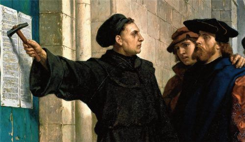 Martin Luthers Thesenschlag an der Schlosskirche zu Wittenberg, dargestellt auf einem Ölgemälde von Ferdinand Pauwels von 1872 ziert den Einband des Buches zur Reformationsgeschichte der Stadt Wasserburg.