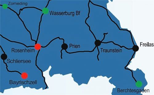 Regionale Unterschiede gibt es bei den Messwerten der Pünktlichkeit im Nahverkehr. In Rosenheim und Bayrischzell (rote Punkte) lagen die Werte an den Messstellen mehr als ein Prozent unter dem Landesdurchschnitt, in Zorneding, Wasserburg und Berchtesgaden (grüne Punkte) dagegen mehr als ein Prozent darüber. Schliersee, Prien, Traunstein und Freilassing (schwarze Punkte) liegen im Durchschnitt.BEG