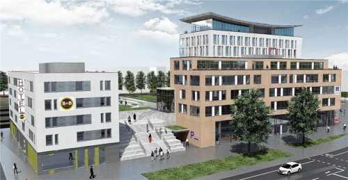 Das dem Hochhaus vorgelagerte Dienstleistungszentrum (rechts vorne in der Darstellung) legt in der Höhe um gut einen Meter zu. Dahinter befindet sich der Medical Cube. AEP Architekten