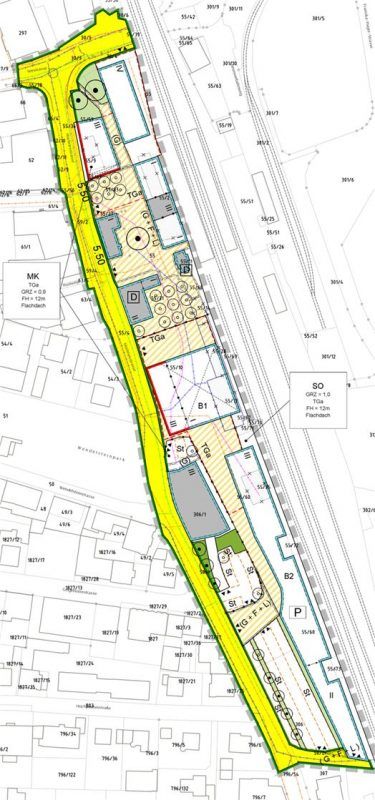Die rote Linie, die etwa in Bildmitte horizontal zwischen Hochriesstraße und Gleisen verläuft, ist die Trennlinie zwischen dem nördlichen Bereich, in dem wegen stockender Grundstücksverhandlungen nichts vorwärts geht, und dem südlichen Areal, das stattdessen nun in den Fokus rückt. Das Rechteck mit weißem Hintergrund in der Bildmitte ist das Grundstück, auf dem ein neuer Busbahnhof entstehen soll. Markt Prien