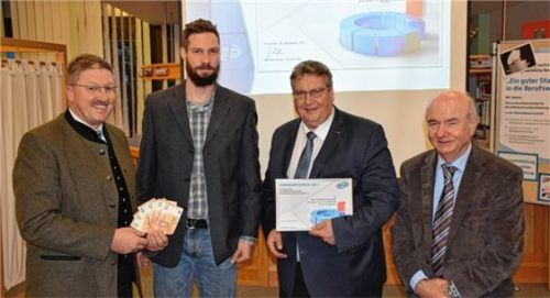 Maximilian Moosbauer (Zweiter von links) erhielt den Ehrenamtspreis des Fördervereins der Staatlichen Berufsschule I Traunstein. Auf unserem Bild von der Ehrung ist er zusammen mit Schulleiter Wolfgang Kurfer (links), Vorsitzendem Gerhard Kotter (Zweiter von rechts) und dem stellvertretenden Vorsitzenden Wolfgang Stark zu sehen. Foto  wittenzellner