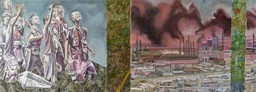 Den Klimawandel und die Industrialisierung kritisiert der Bruckmühler Künstler Rupert Dorrer mit diesem Werk. Zugleich soll durch die grünen Streifen aus Schlamm und Sand die Hoffnung auf Besserung keimen.