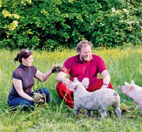 Ein Bild vom Sommer zur Jahreswende: Maria und Rudolf Finsterwalder mit zweien ihrer glücklichen Schweine, die jetzt vielleicht schon im Schweinehimmel sind.Foto  sen