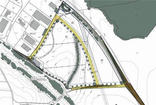 Im Südwesten des Oberrainer Felds kommen Flächen zum Gewerbegebiet hinzu. An der Staatsstraße sowie der Hangkante (Mitte) sind Grünstreifen geplant. Ein ehemaliger, sich schlängelnder Weg ist in diesem Plan noch eingezeichnet.