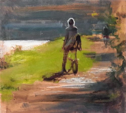 Michael Dillmann: „Am Ickinger Wehr“, 2017, Eitempera auf Leinwand, 55 mal 50 Zentimeter.  Heuser