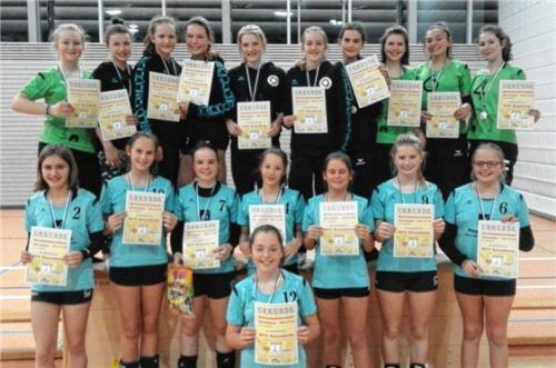 Nach der Siegerehrung: Hinten die Siegerinnen vom TSV Eiselfing, vorne die Vizemeisterrinnen vom MTV Rosenheim.