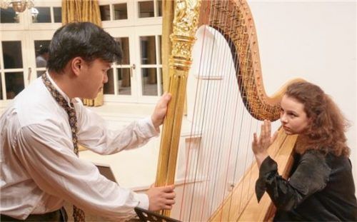 Ein tiefer Blick: Alexander Tran mimte Tschaikowksy im Zusammenspiel mit der Harfenistin Swantje Wittenhagen. Foto  Kirchner