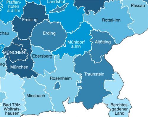 Gewerbesteuer-Statistik: Rechts unten die südlichen Landkreise mit der Kreisfreien Stadt Rosenheim; gezeigt wird die Aufgliederung nach Betriebsstätten mit positivem Steuermessbetrag (2013).Bayerisches Landesamt für Statistik, Fürth 2018