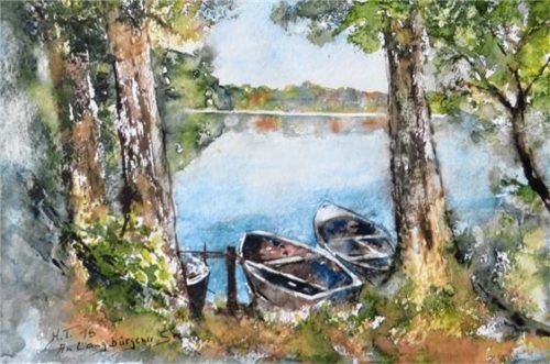 Das Aquarell von einer Uferpartie des Langbürgener Sees in der Eggstätt-Hemhofer Seenplatte lebt von dem Spannungsfeld von Wasser und Land. Graichen