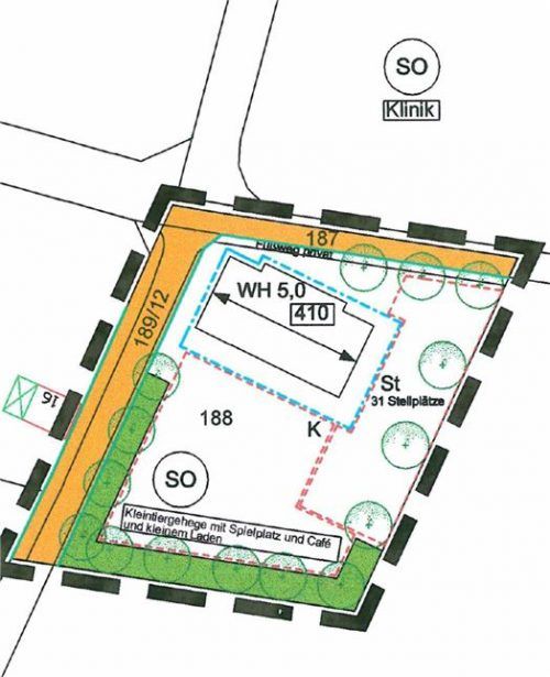 Planentwurf zum Tagescafé mit Streichelzoo: Im Norden die Schön Klinik, von hier Zugang zum Café und Laden, im Süden der Streichelzoo, der von der Terrasse gut zu beobachten ist. Im Osten: 31 Stellplätze.re