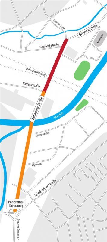 Rot gekennzeichnet ist auf unserer Karte der nördliche Teil der Kufsteiner Straße, für den derzeit die Planungsunterlagen vorbereitet werden. Für den südlichen Teil gibt es noch keine Planungsmittel. OVB