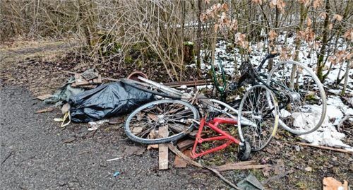 Kaputte Radl, befüllte Mülltüten: Müllablagerungen im Wald zwischen Mangfalldamm und Blumenstraße bringen Spaziergänger in Rage.Foto meidinger
