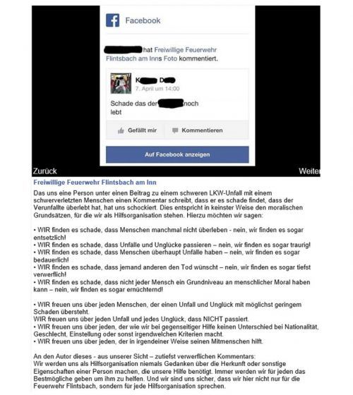 Screenshot des Kommentars des Facebook-Users. Die FFW Flintsbach löschte Details.
