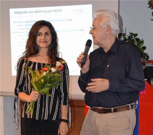 Geschäftsführerin Karin Maier erhielt von Vorstand Duschl einen Blumenstrauß als Dank für ihre Tätigkeit. Foto sel