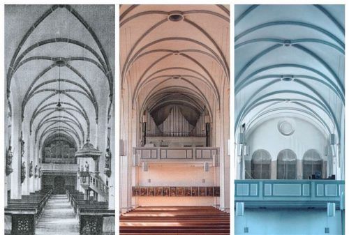 Orgelansichten 1929, 1967 und eine Ansicht der Empore nach dem Orgelausbau 2014.