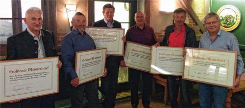 Sie erhielten den Goldenen Meisterbrief: Josef Löw (Babensham), Sigmund Schneeweis (Bernau), Fritz Boschner (Tuntenhausen), Friedrich Plank (Rosenheim), Anton Lummer (Rohrdorf) und Nikolaus Fritz aus Rimsting (von links).Foto re