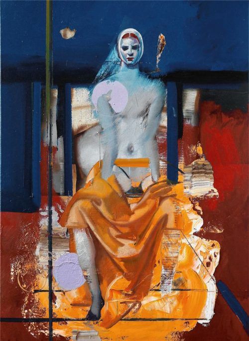 „Sitting Figure“, 2018, Öl auf Leinwand. Hesse