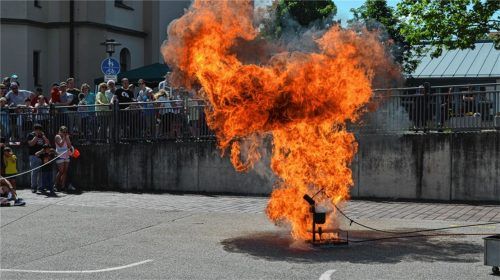 Wasser auf brennendes Öl? Keine gute Idee, wie die Feuerwehr bei diesem Versuch anschaulich zeigte. Fotos Sedlbauer