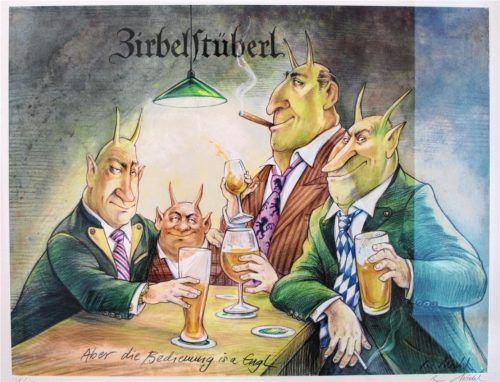 „Zirbelstüberl“ von Reinhard Michl: „...aber die Kellnerin ist ein Engel“ schreibt Michl zu dieser Szene, die hoffentlich nicht im Keller der Bayerischen Staatskanzlei spielt… Heuser