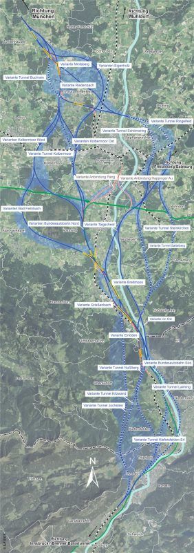 Die sieben Varianten für den Brenner-Nordzulauf auf einen Blick