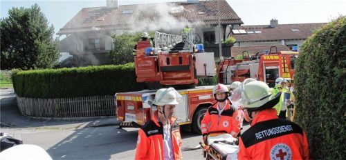 Mit der Drehleiter wurden die beiden Frauen im Sommer 2016 aus dem brennenden Haus in Rosenheim-Happing geholt. Foto reisner