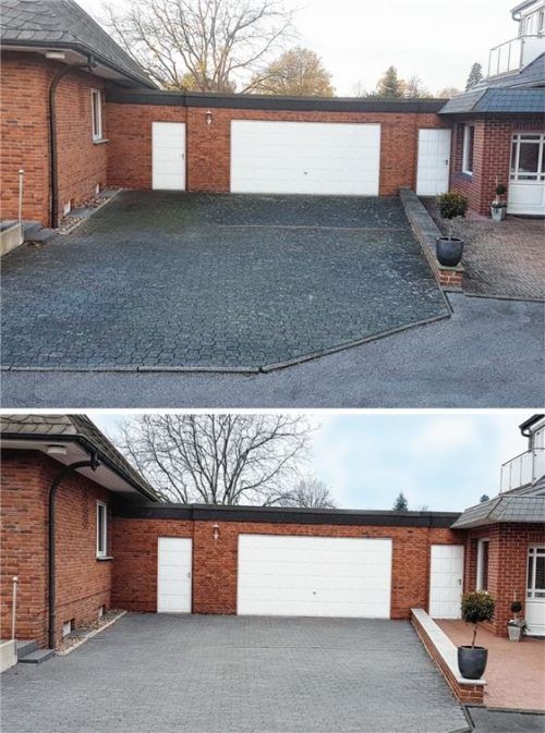 Auch Steine benötigen eine regelmäßige Pflege für ein dauerhaft ansprechendes Aussehen und zur Beseitigung ärgerlicher Verwitterungsspuren wie im Vorher-Nachher-Vergleich deutlich sichtbar ist. Foto  djd/steinfresh.de