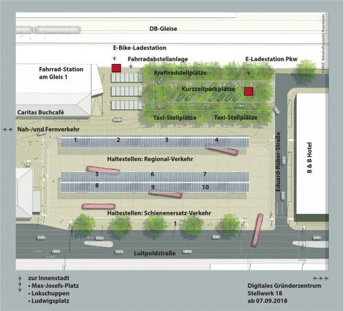 Der neue Regionale Omnibusbahnhof bietet auch eine E-Bike- und E-Pkw-Ladestation, Kurzzeitparkplätze, Taxistellflächen und eine Abstellanlage für Fahrräder. Die Grafik hilft bei der Orientierung. Stadt Rosenheim