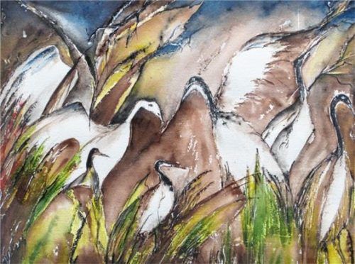 Eine stilistische Variante: „Kraniche in Afrika“ von Elisabeth Straßer.