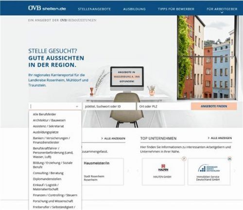 Einfache Suchmaske: Auf www.ovbstellen.de Branche wählen oder Jobtitel eingeben und die Region festlegen: Los geht die Suche nach passenden Stellenangeboten.