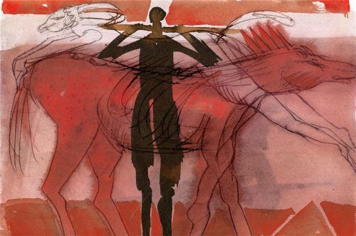 „Ohne Titel“ von Hannsjörg Voth, Stahlstift und Wasserfarben auf Büttenpapier.Foto  Hesse