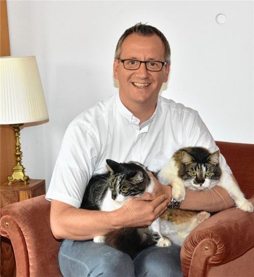 Schauen aus wie brave Stubentiger: Franzi (rechts) und Hemma. Doch der Eindruck täuscht: Die Katzen halten den Pfarrhaushalt von Domkapitular und Dekan Daniel Reichel auf Trab. Foto Schlecker