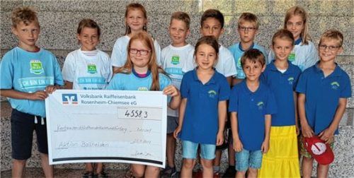 Stolze Ballhelden: Rohrdorfer Grundschüler mit dem Spendenscheck in Höhe von 4558,30 Euro. Foto re